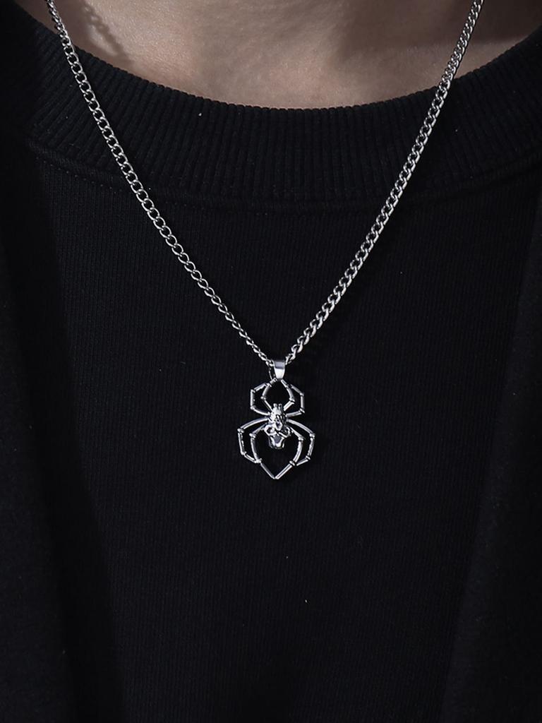1pc Vintage Punk Style Red Gemstone Spider Pendant Metal Necklace For Men, Suitable For Parties And Daily Life