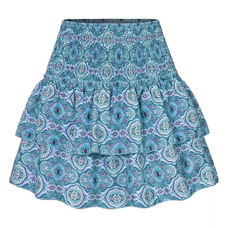 European Style Women Clothing Midi Skirt Ruffle Print Fashion Floral Mini