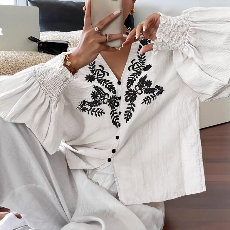 Women S White Floral Embroidered Long Sleeve V Neck Button Down Shirt S белый