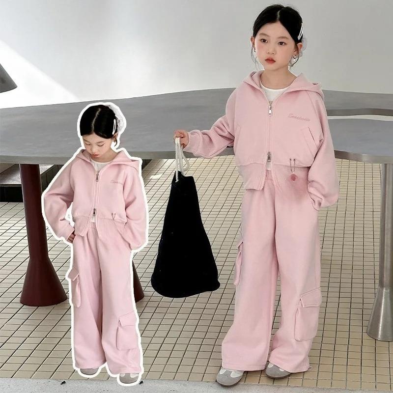 Autumn Winter Teenager Kids Girl Children Set Clothes Loose Sweatshirt Hooded Jacket Pink Wide Leg Pant