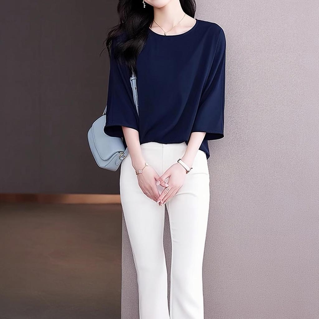 Blouse for Loose Summer Business [Lalapala] Women, 3/4 Sleeve, Summer, Chiffon, Top, Fit, Simple, Thin, Silky, Pullover, Suit, Innerwear, Silky,