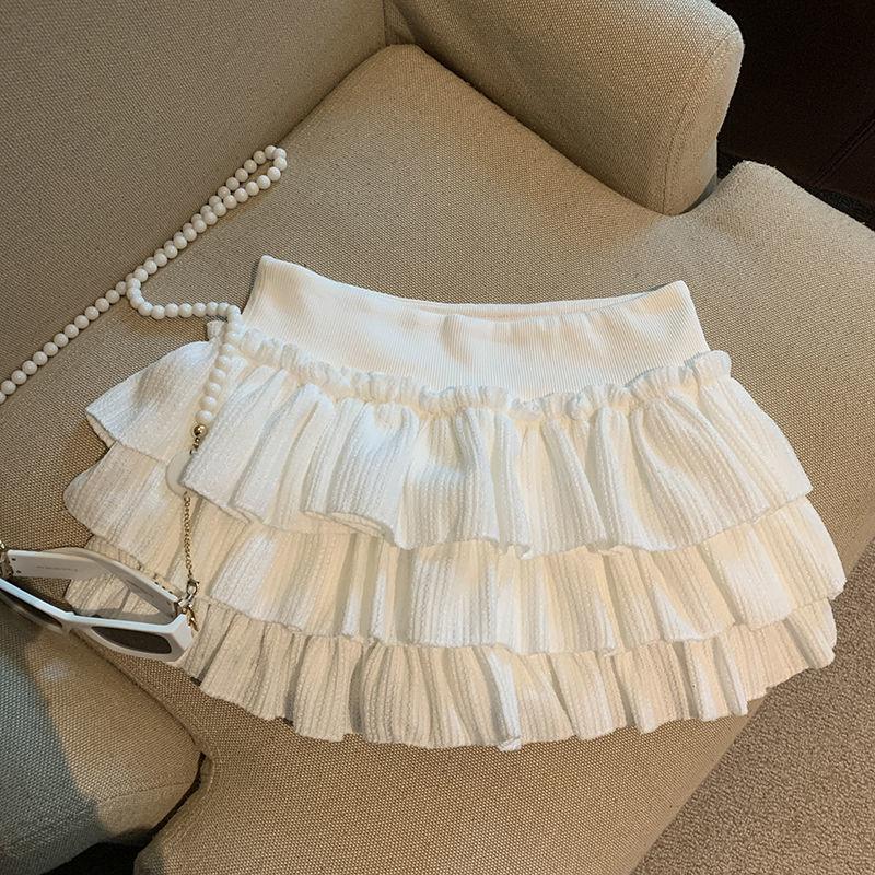 Sweet Puffy Cake Women Skirts Korean Fashion Ruched Ruffle Mini Skirt Campus Harajuku Casual Versatile Elastic Waist Solid Skirt
