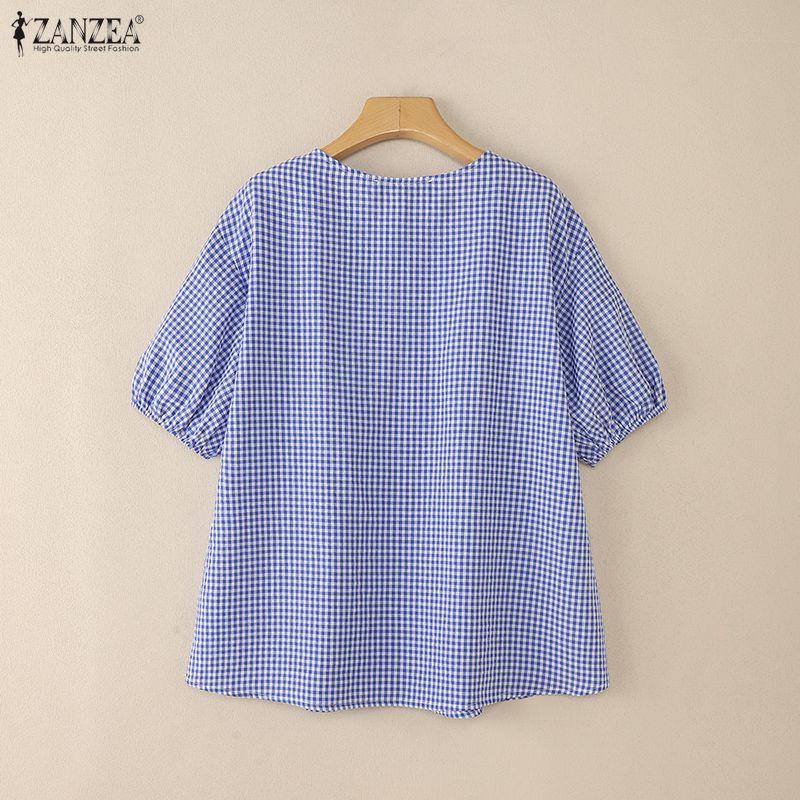 ZANZEA Women Plaid Print Casual Round Neck Half Sleeve Blouse