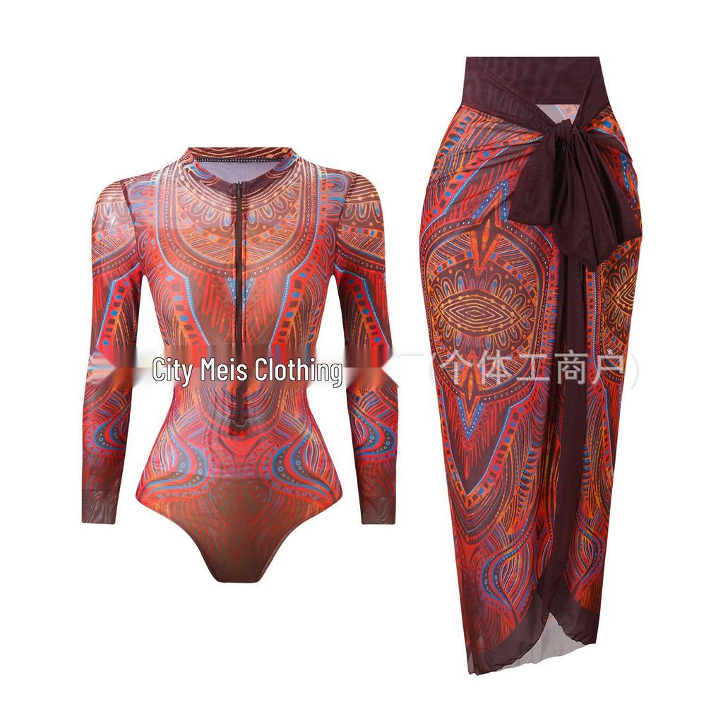 2025 Women's Long Sleeve Sun Protection Russian Swimsuit - European American Surfwear Beach Dress