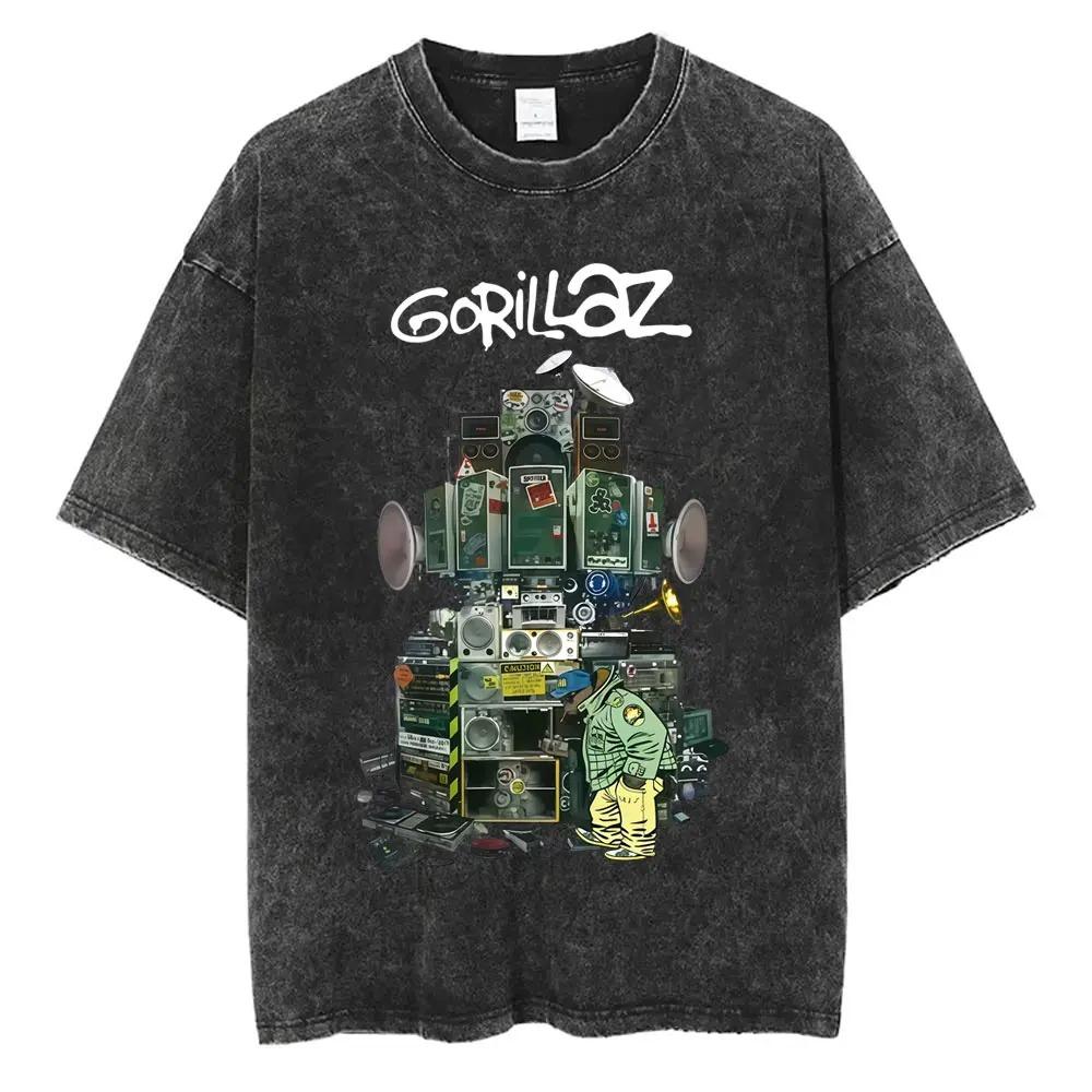British Classic Virtual Band Gorillaz Poster Tshirt Men Women Streetwear Hip Hop Vintage Washed Cotton Top Oversized Summer Tee