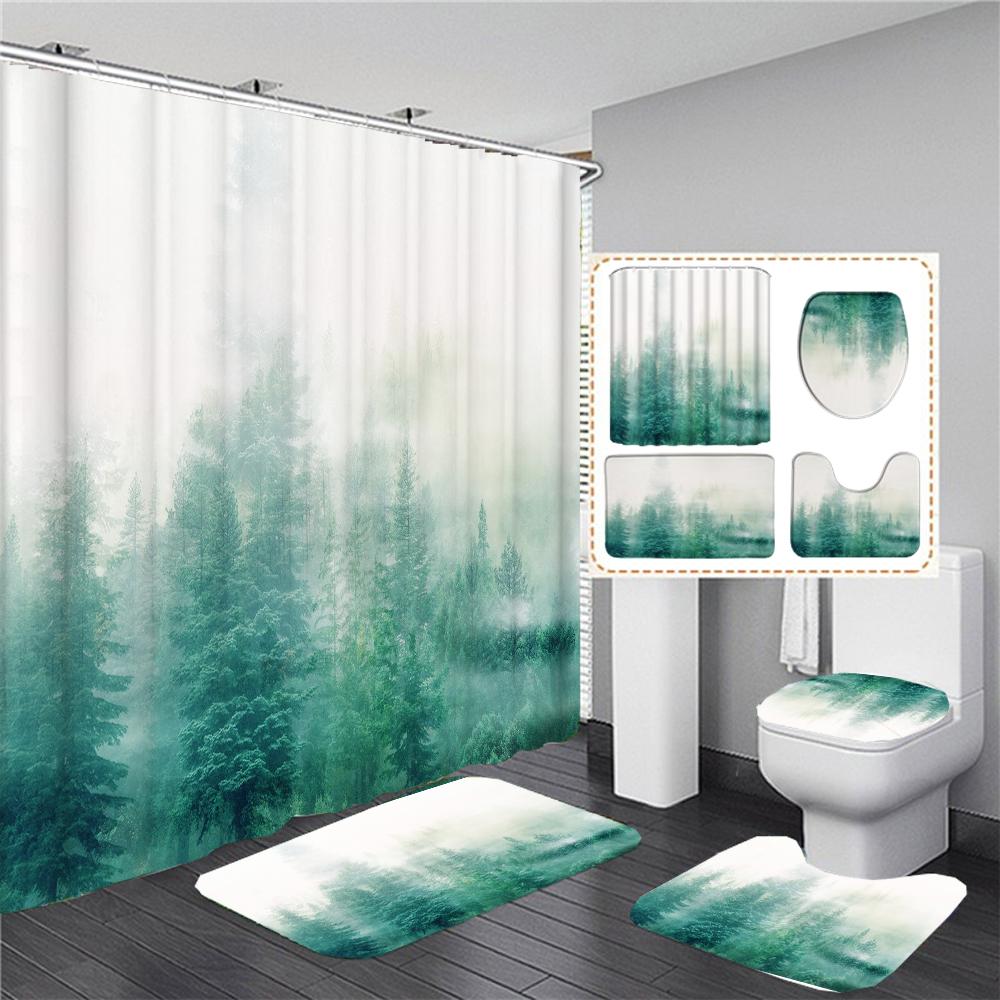 The Fog Of The Forest Landscape Shower Curtain Bathroom Accessories Partition Waterproof Polyester Bath Curtain Rugs And Mat Set