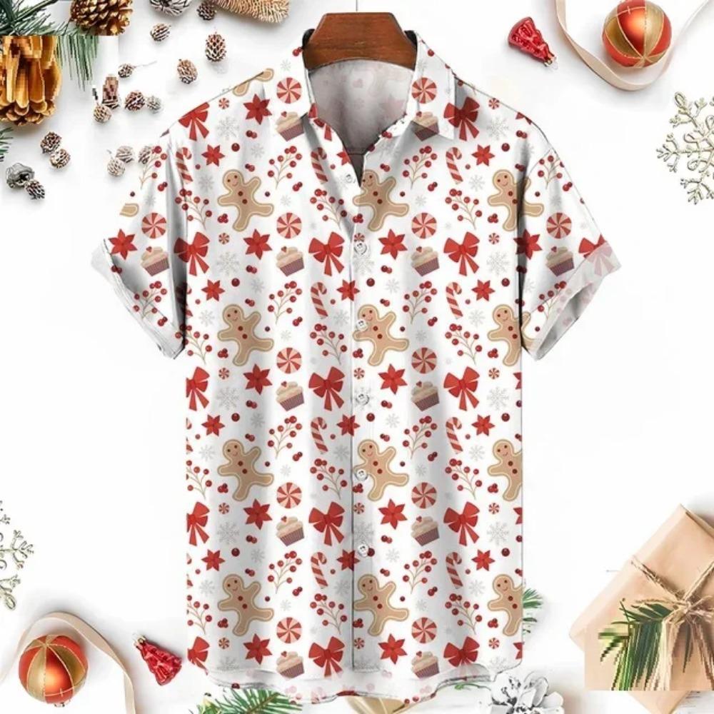 Retro Style Christmas Tree Reindeer Snowflake Printed Short Sleeved Shirt for Men and Women Christmas Holiday Loose Casual Shirt