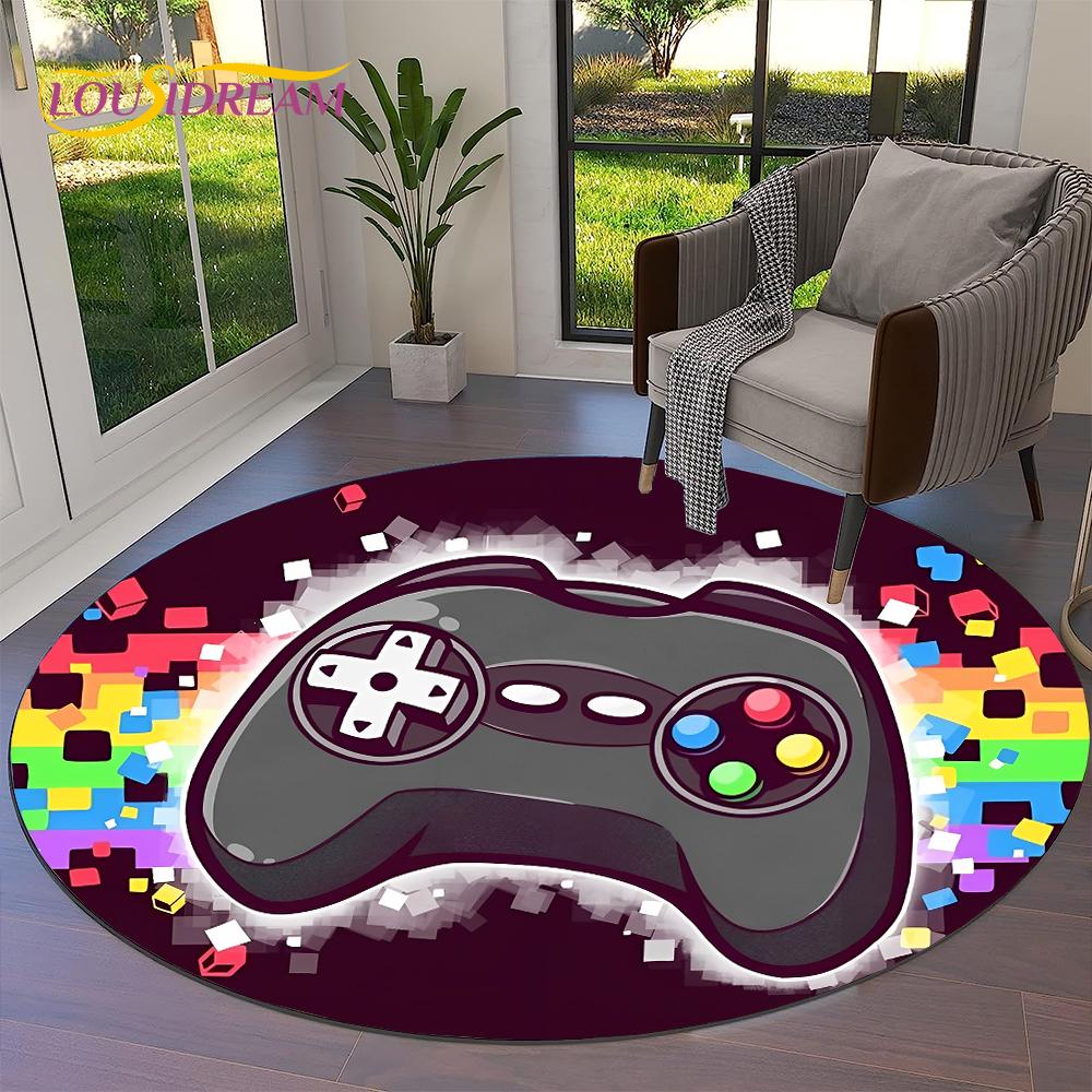 Gamepad Cartoon Game  Gamer Round Carpet Rug for Living Room Bedroom Child Playroom Chair Decor,Pet Area Rug Non-slip Floor Mat Diameter 60cm