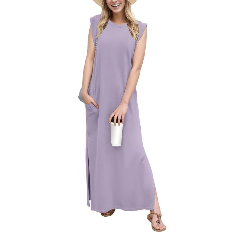 JKASHDK Moda dame vară primăvară culoare uni imprimeu fără mâneci decolteu largi talie rochii casual