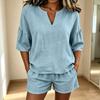 Lässiges Damen Zweiteiler Set in Farbe, V-Ausschnitt Oberteil mit Dreiviertelärmel und Shorts mit elastischem Bund und Taschen
