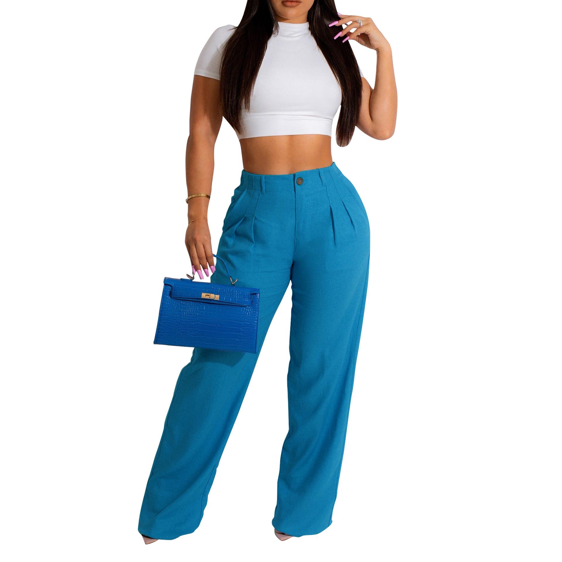 

Европейские и американские женские дышащие хлопково-льняные повседневные летние брюки прямого кроя L синий