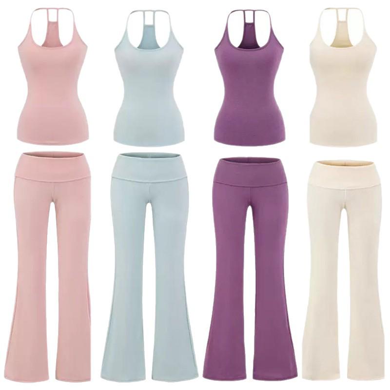 Women's Cross-border Yoga Set: Bare Feel Sports Tank with Chest Pads & High Elastic Flared Fitness Pants