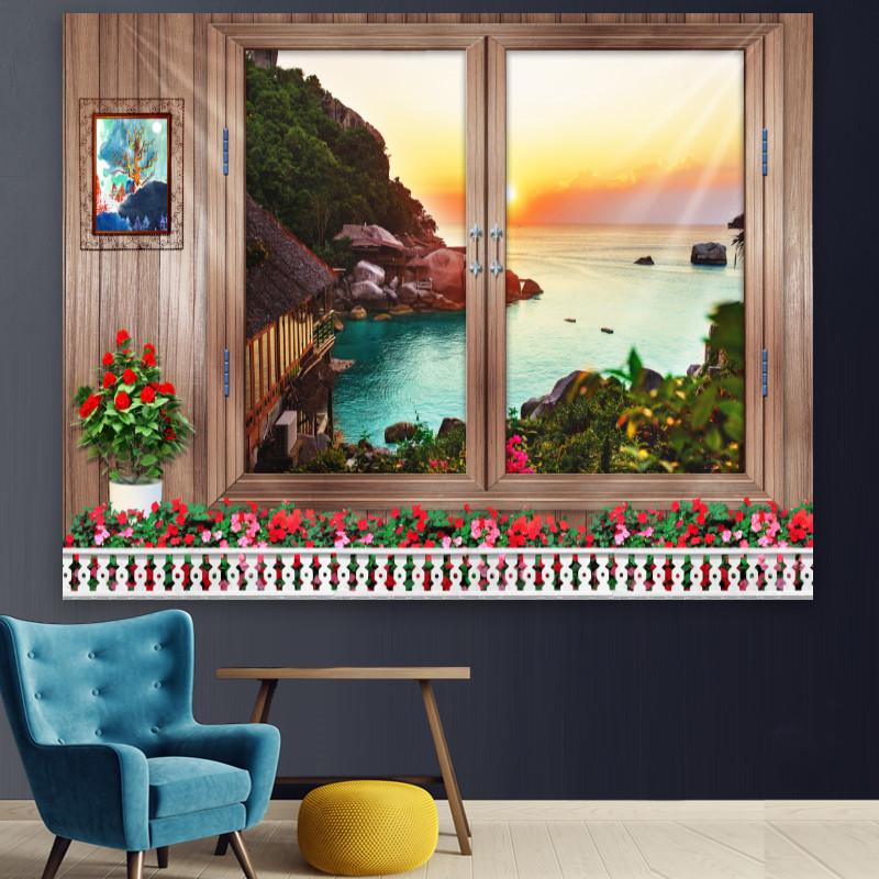 Simulation window tapestry forest mushroom tapestry scenery wall hanging flower mural art bedroom home decoration