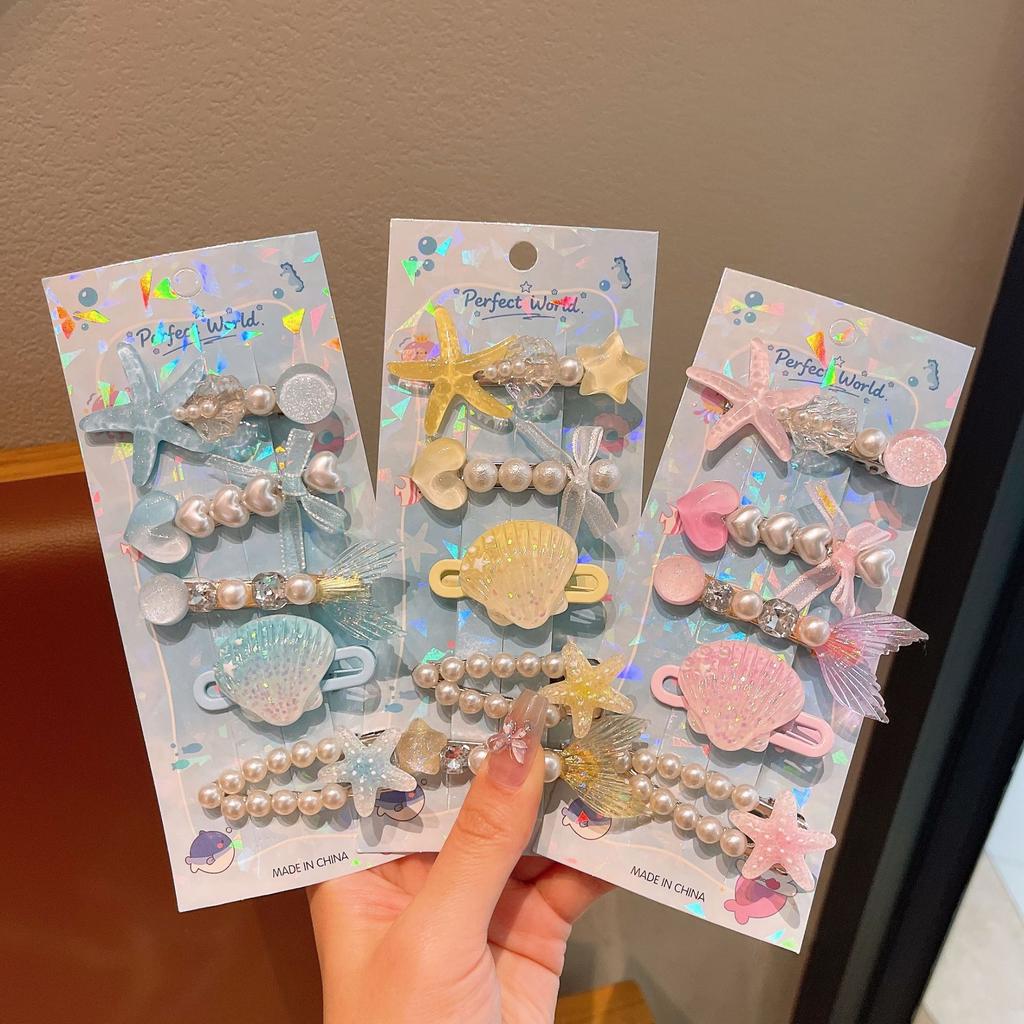 5Pcs Girls Cute Hair Clips Colorful Starfish Shell Pearl Design Duckbill Clip Children's Side Broken Hair Clips Mermaid Princess Hairpin Headdress