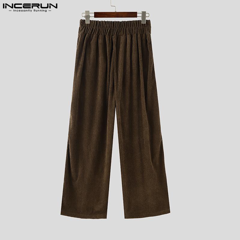 INCERUN Men Zipper High Waist Long Corduroy Casual Wide Leg Pants With Pockets