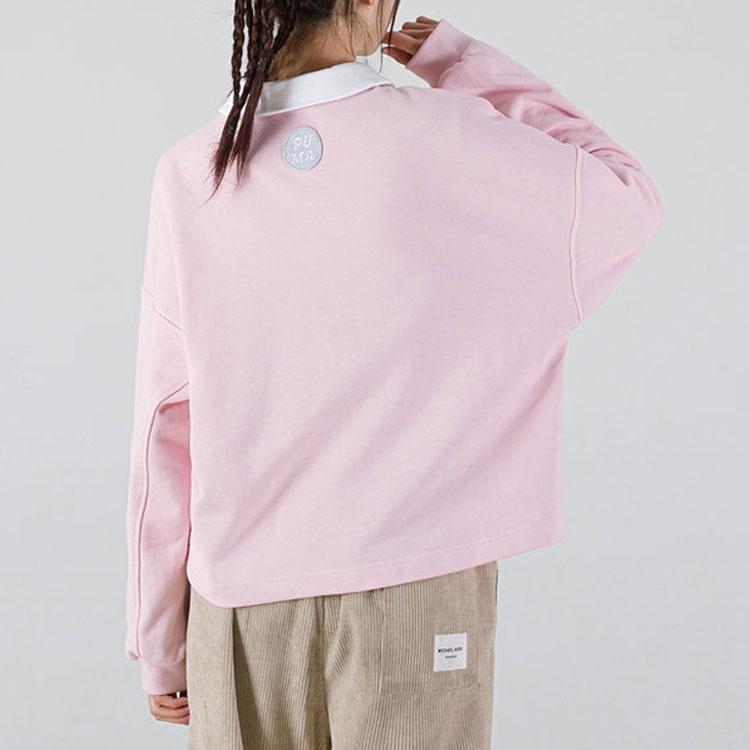 Puma Logo Print Color Block Long Sleeve Polo Shirt Women Tops Pink 536093-16