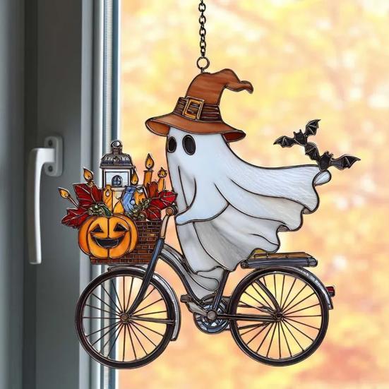 Halloween Ghost Ride Ornament with Lanyard Solar Trap Witch Hat Pumpkin Passenger Hanging Pendant Sun Catcher