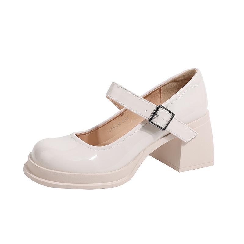 Mary Jane High Heels Spring and Autumn One-word Buckle Belt Square Head Patent Leather Temperament Thick Heel Waterproof Table Single Shoes