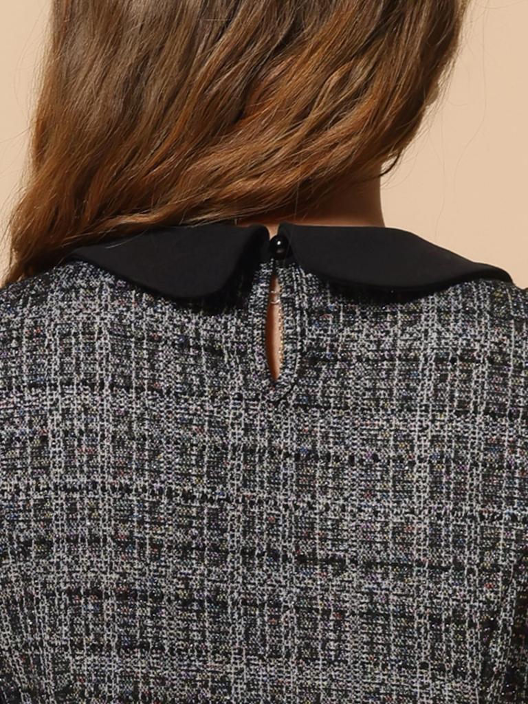 Allegra K Damen Tweedkleid, Peter-Pan-Kragen, Puffärmel, A-Linien-Minikleid, Schwarz, Größe M