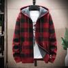 Men's Winter Plaid Hooded Sweater Cardigan Autumn Fleece Zipper Warm Jacket Checkered Knit Jumper