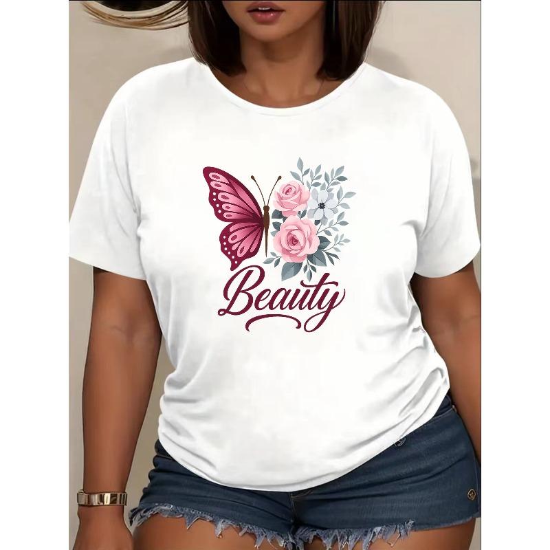 

Женская повседневная футболка с коротким рукавом и круглым вырезом, европейский размер | Художественный дизайн с бабочками и цветами с рукописным шрифтом на чисто белом фоне S белый