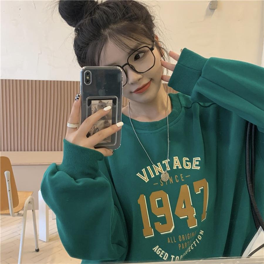 Spring/Autumn Women's Hoodie, Korean Style Loose Long Sleeve Fleece Crew Neck Sweatshirt for Women