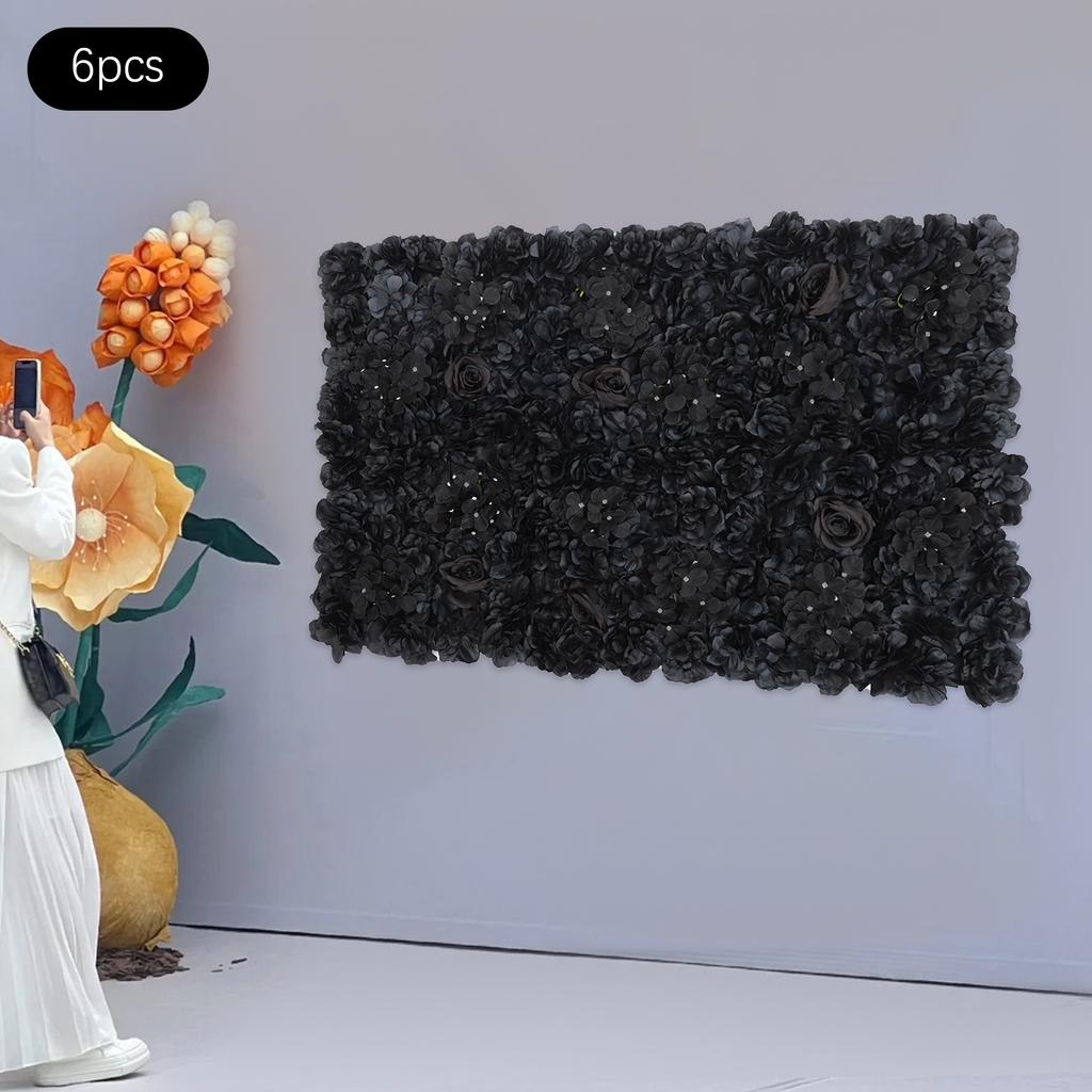 6 Pcs Artificial Flower Wall Panel, 14.96x14.96 In Square Floral Backdrop w/ Hydrangea Dahlia Rose, Black Elegant Wedding Decor