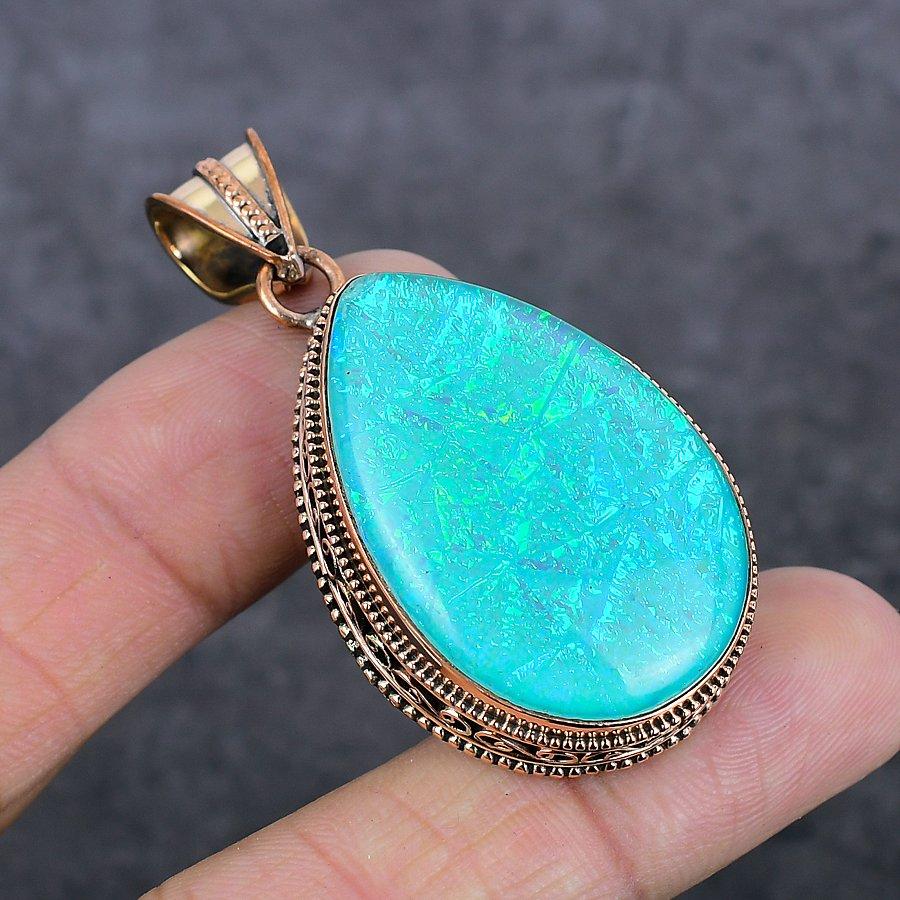 Blauer Triplet-Opal Edelstein Handgefertigter Kupfer Schmuck Anhänger 2,17" F8O99