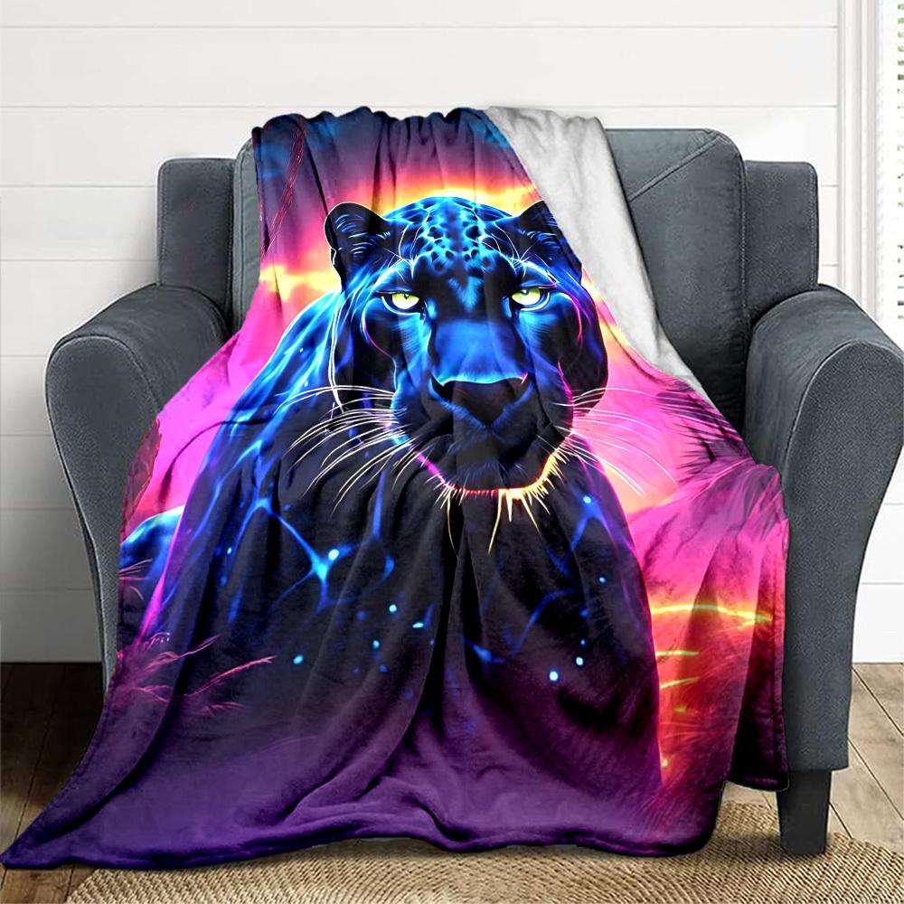 1pc Neon Panther Print Blanket Lightweight Flannel Blanket Throw Blanket For Sofa, Bed, Travel, Camping, Livingroom, Office yy251015197 75x90cm