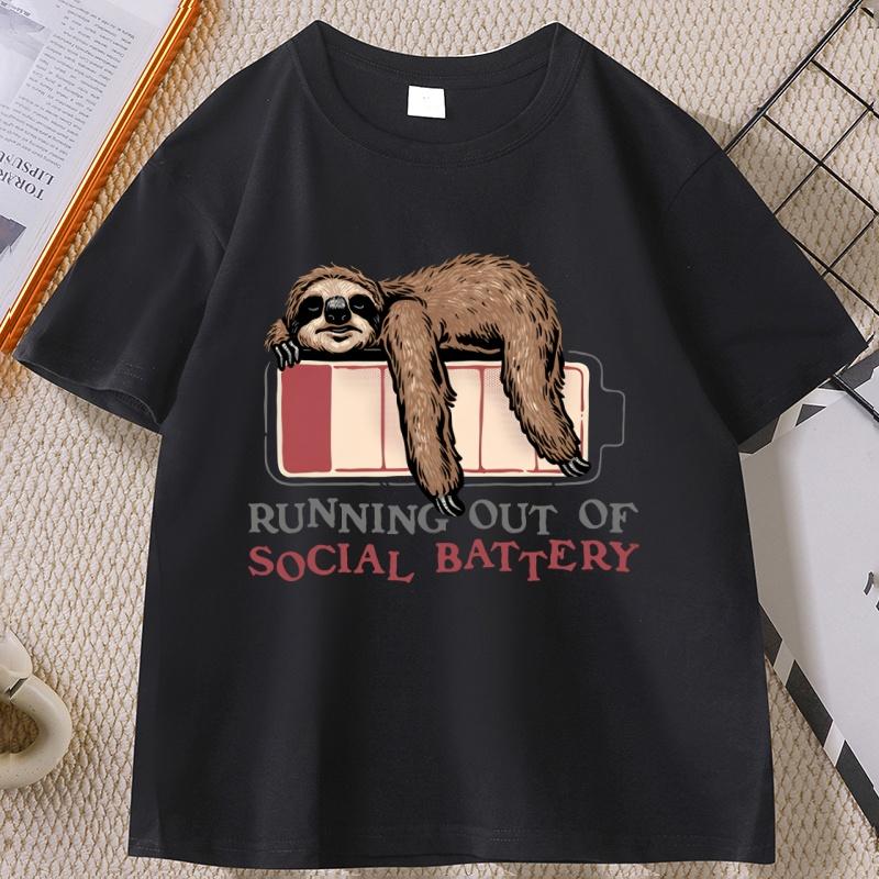 Running Out of Social Battery Sloth T Shirt Unisex Women Funny Graphic T Shirts Casual Round Neck Printed Short Sleeve Male
