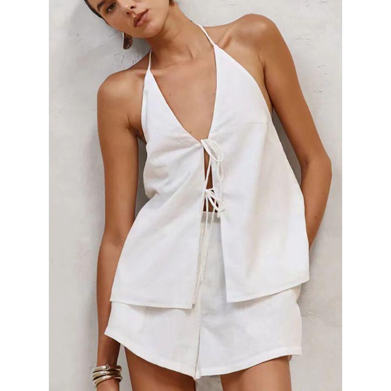 Western Style Sexy Backless Halter Top Shorts Two-piece Set Hanging Neck Vest Shorts Set