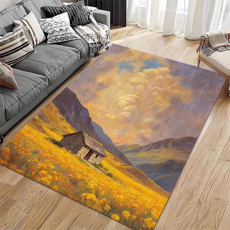 Yellow Field Cottage Landscape Printed Carpet, Van Gogh Style Decor Suitable for Use As an Anti-slip for Living Room Bedroom Sofas