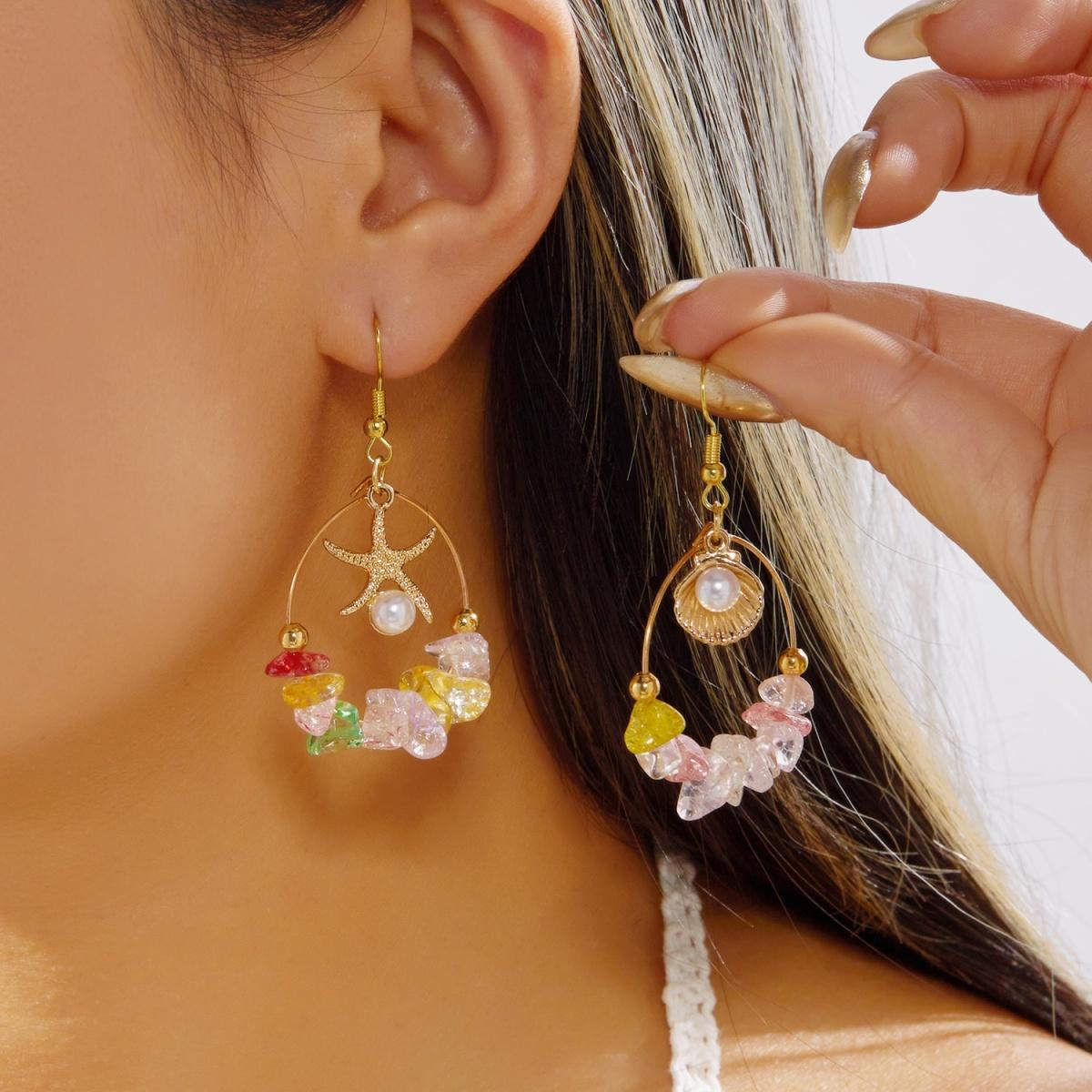 

Boho Colorful Gravel Stone Beads Starfish Shell Asymmetrical Drop Earrings For Women Men Charm Circle Earring Aesthetic Zircon
