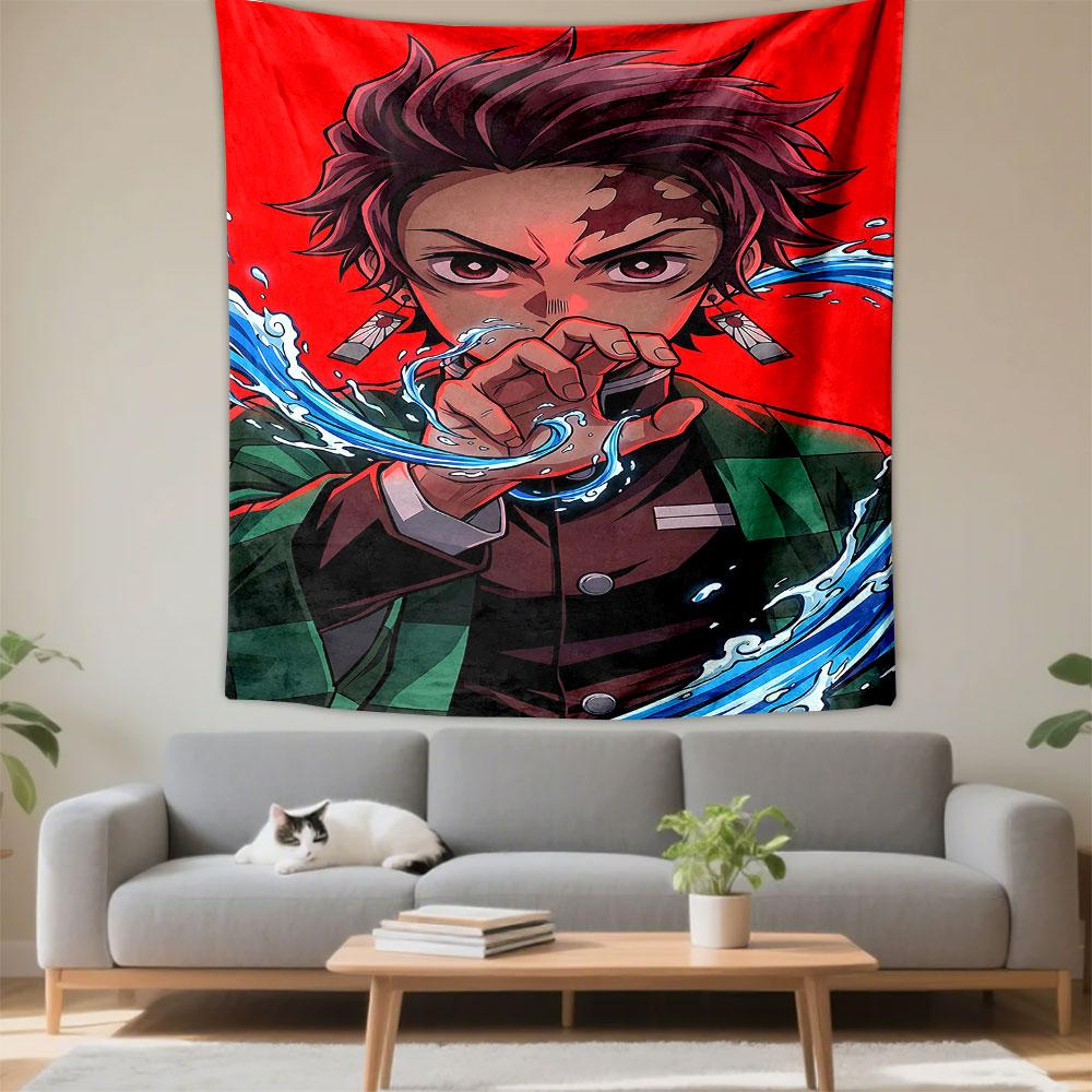 Demon Slayer Tanjiro Kamado Anime Wall Tapestry Water Breathing Hanafuda Earring Red Background Decor for Bedroom Dorm Gift