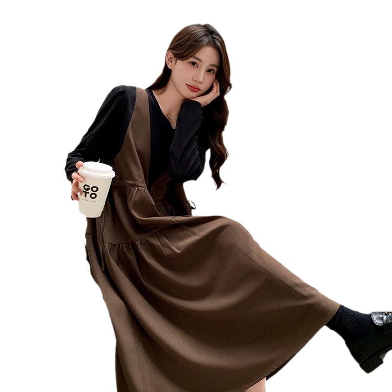 Khaki Faux Two-Piece Spliced A-Line Dress - Women's Mid-Length Spring 2025 French Sweet Style Pinafore Dress