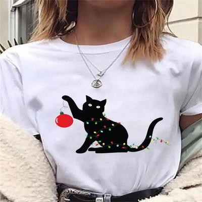 Cat Cartoon Cute 90s Style Holiday Christmas Tee Women Top Clothes T Shirt Printed Fashion New Year Clothing Graphic T-shirts