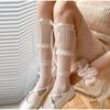 Bas sexy à volants et rayures pour femmes, avec nœud papillon et perles, tendance, rétro, en dentelle élastique, longues chaussettes