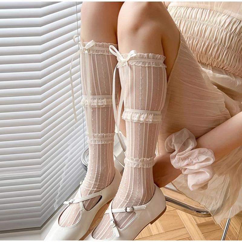 Bas sexy à volants et rayures pour femmes, avec nœud papillon et perles, tendance, rétro, en dentelle élastique, longues chaussettes