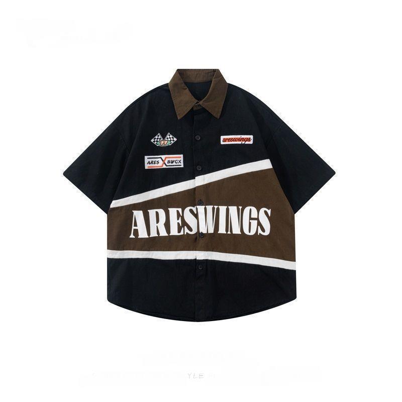 Men's American Retro Hiphop Street Racing Short-Sleeve Summer Shirt - Trendy, Motorcycle-Inspired, Loose, Thin Design