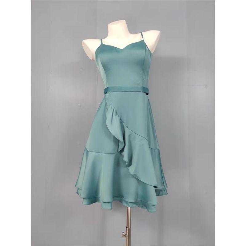 

Заказ внешней торговли VM Home Продвинутый стиль Рюши Скрытый дизайн V-образный вырез Платье-слинг Гладкий атлас Короткое платье Нагрудные подушечки Green L(40)