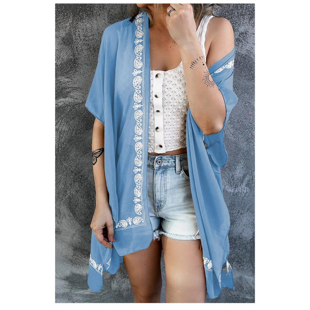 

Летняя рубашка с узором «Свободный пляжный солнцезащитный крем» Летняя женская одежда one size fits all синий