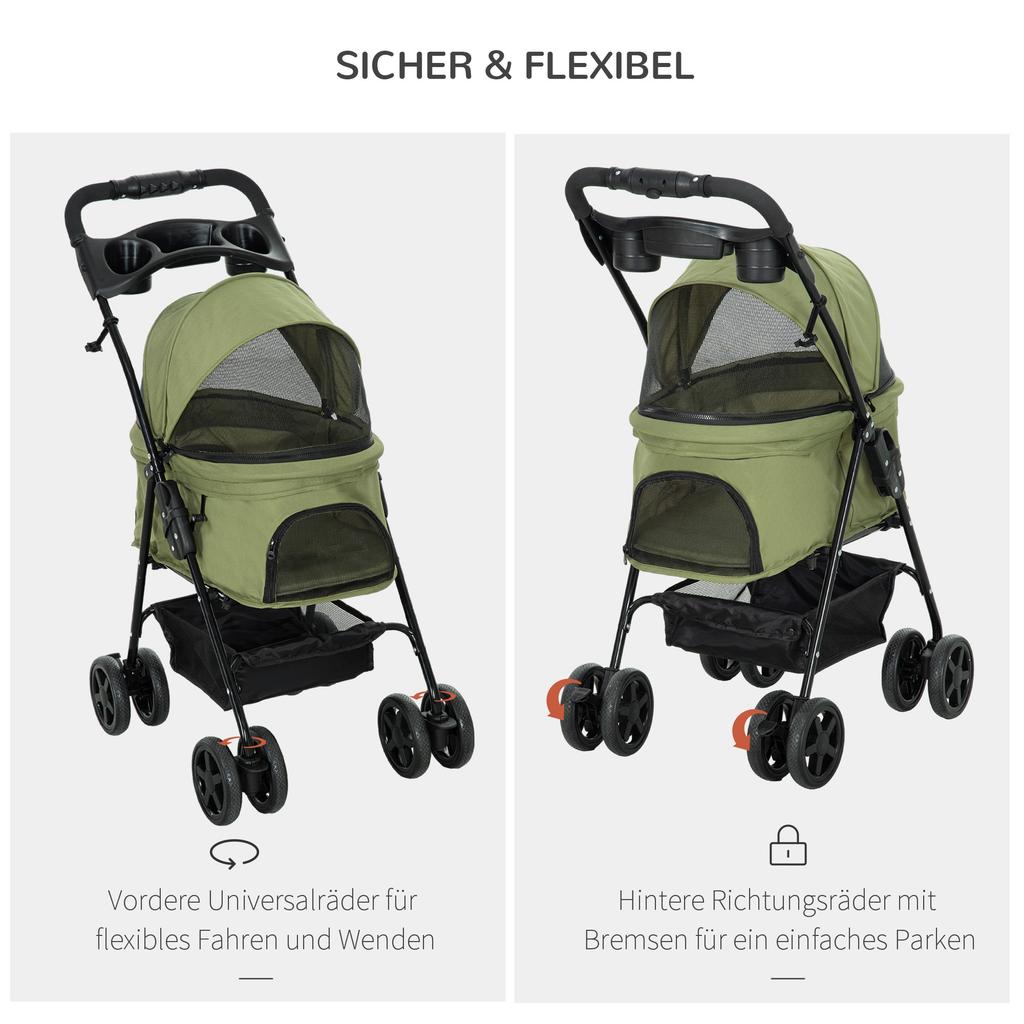 Dog Stroller Dog Buggy, Foldable, 2 Safety Leashes, 2 Cup Holders, 67 X 45 X 96 Cm, Khaki