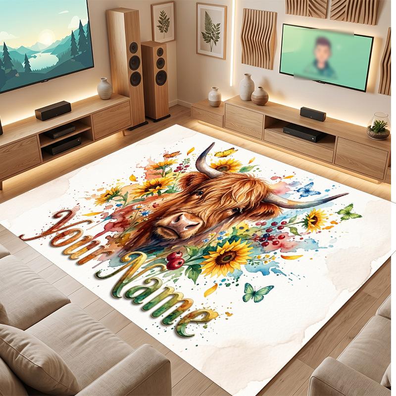 Highland Cow Theme Soft Crystal Velvet Rug Custom Name & Text Print Non Slip Floor Rug for Bedroom Living Room