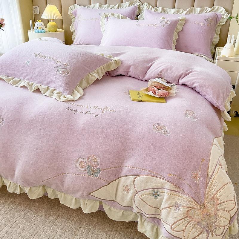 Princess Wind Thickened Milk Coral Fleece Bed Four-Piece Set Fleece Bedding Plush Quilt Cover Bed Sheet Person