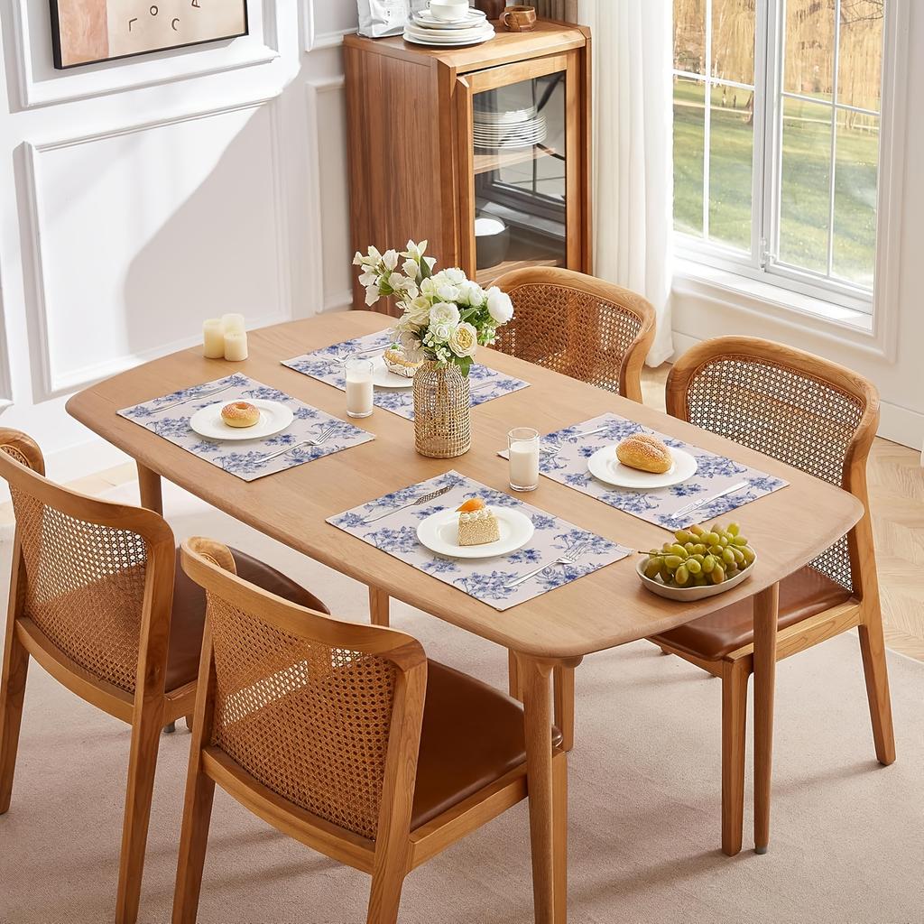 4pcs/6pcs Blue Floral Placemats, Linen Table Mats, Suitable for Dining Tables, Kitchens, Restaurants, Weddings, Parties, Room Decor, Tabletop Decor, H