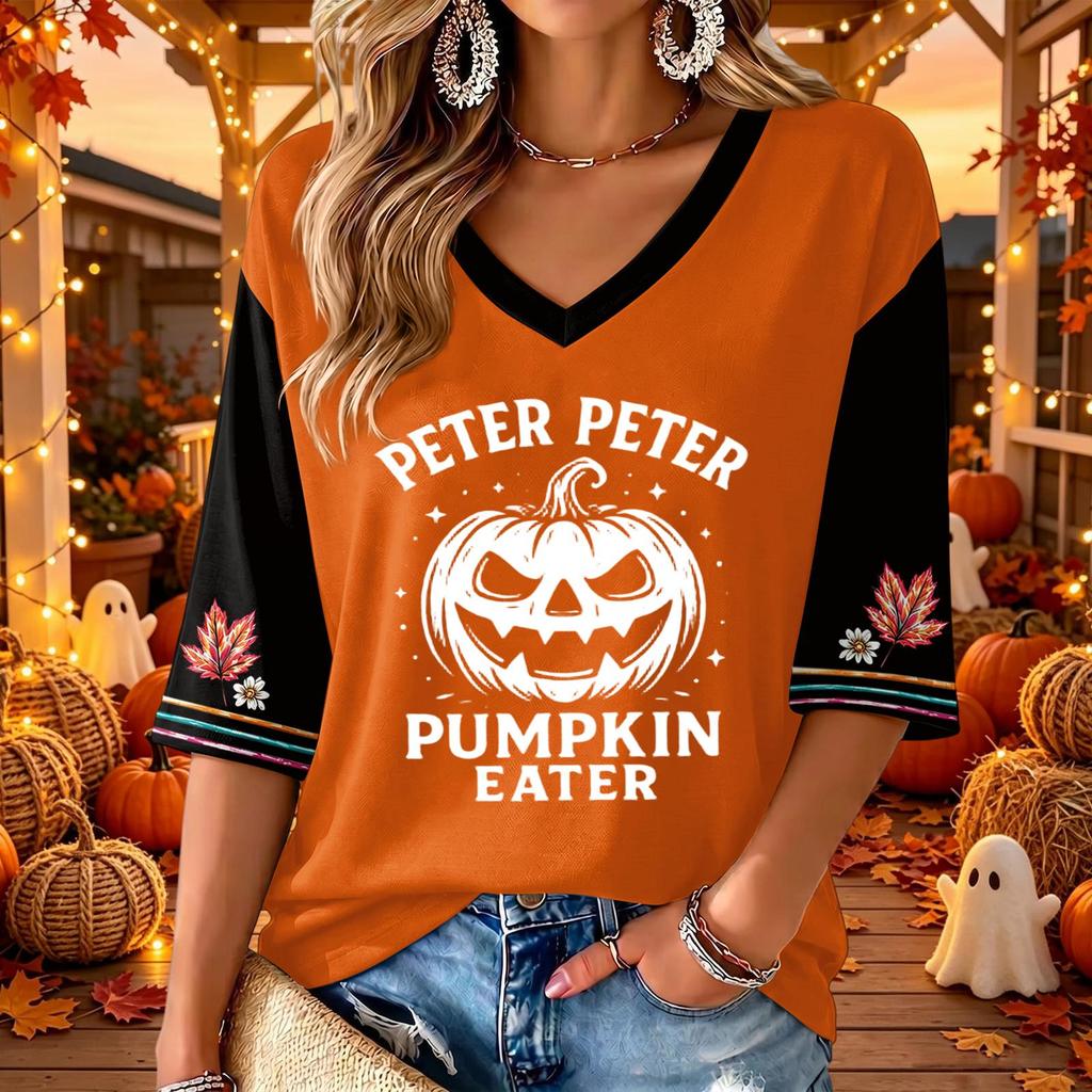 Women's V Neck Casual Three-Quarter Sleeve Halloween Print Blouse