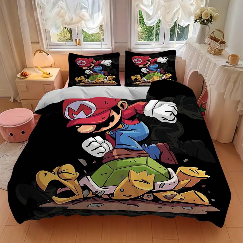 3pcs Super Mario's Epic Battle Printed Quilt Set - Includes 1 Quilt Cover and 2 Pillowcases, Machine Washable - Suitable for All Seasons.C088