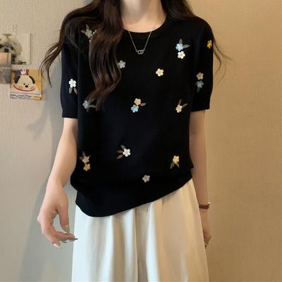 Eisseide Schlankmachendes Temperament Top Damen Designgefühl Strickshirt Sommer Schulter Kurzarm T-Shirt