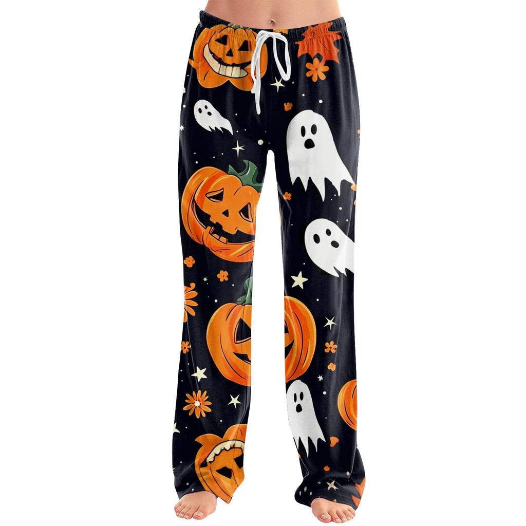 Damen Halloween Print Kordelzug Hose Lässige Lockere Passform Lounge Hose Weicher Leichter Stoff Volle Länge Pyjamahose für den Alltag