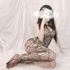 Colorful Gradient Mesh Suspender Skirt with Open Crotch and Hollow Design